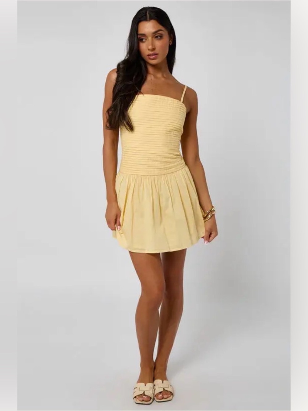 NWT Japna Yellow Spaghetti Strap Pleated Mini Dress